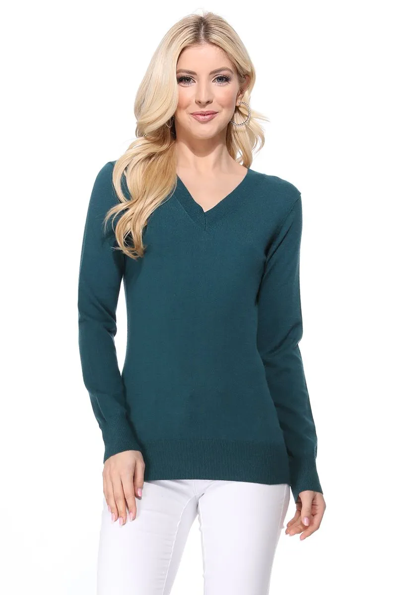 YEMAK Women's Long Sleeve V-Neck Basic Soft Knit T-Shirt Pullover Sweater MK5501 (S-XL)