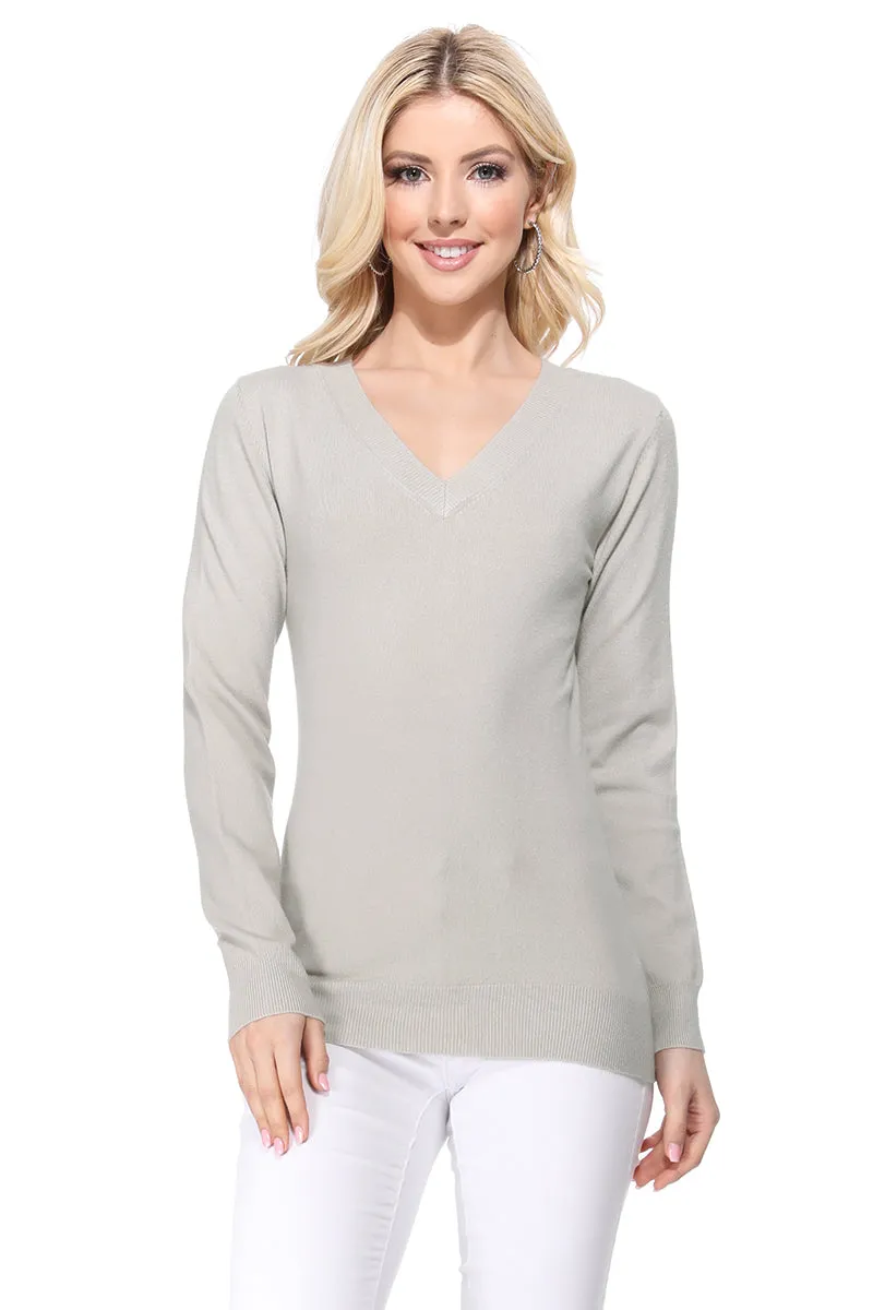 YEMAK Women's Long Sleeve V-Neck Basic Soft Knit T-Shirt Pullover Sweater MK5501 (S-XL)