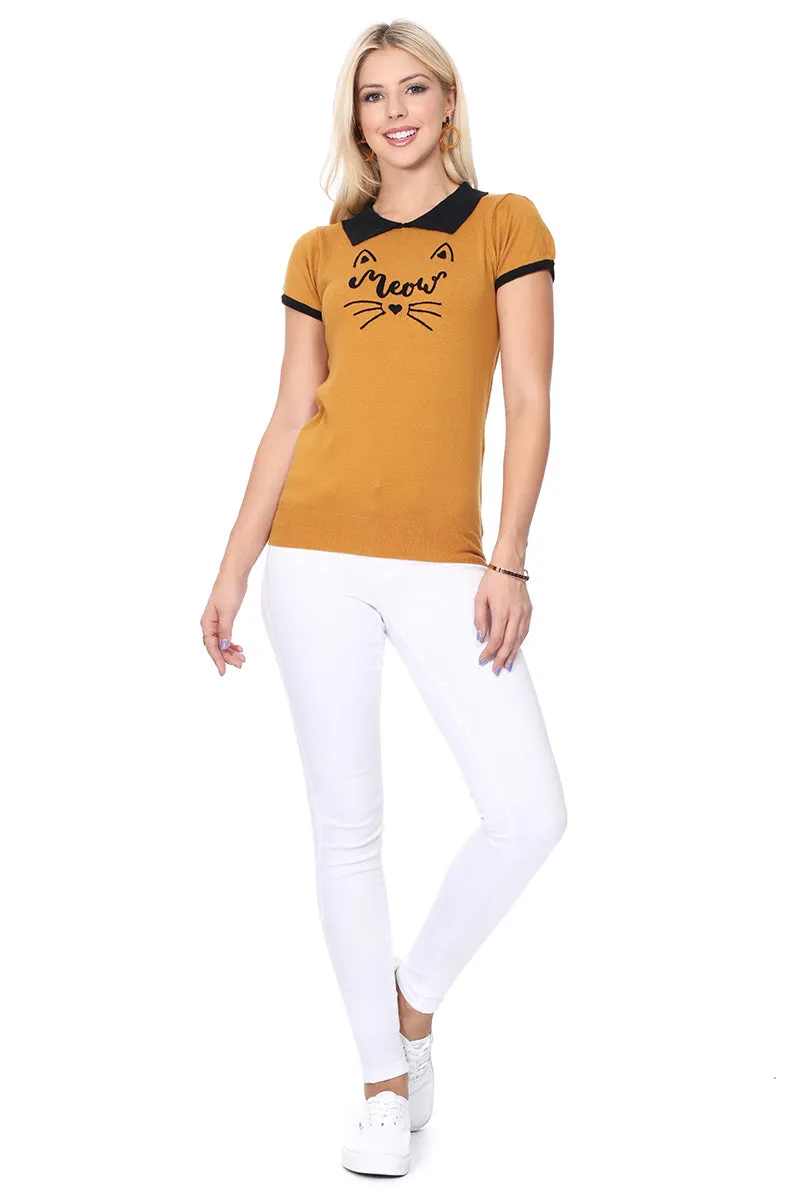 YEMAK Women's Meow Cat Classic Contrast Collar Short Sleeve Casual Pullover Sweater MK3591MEOW (S-L)