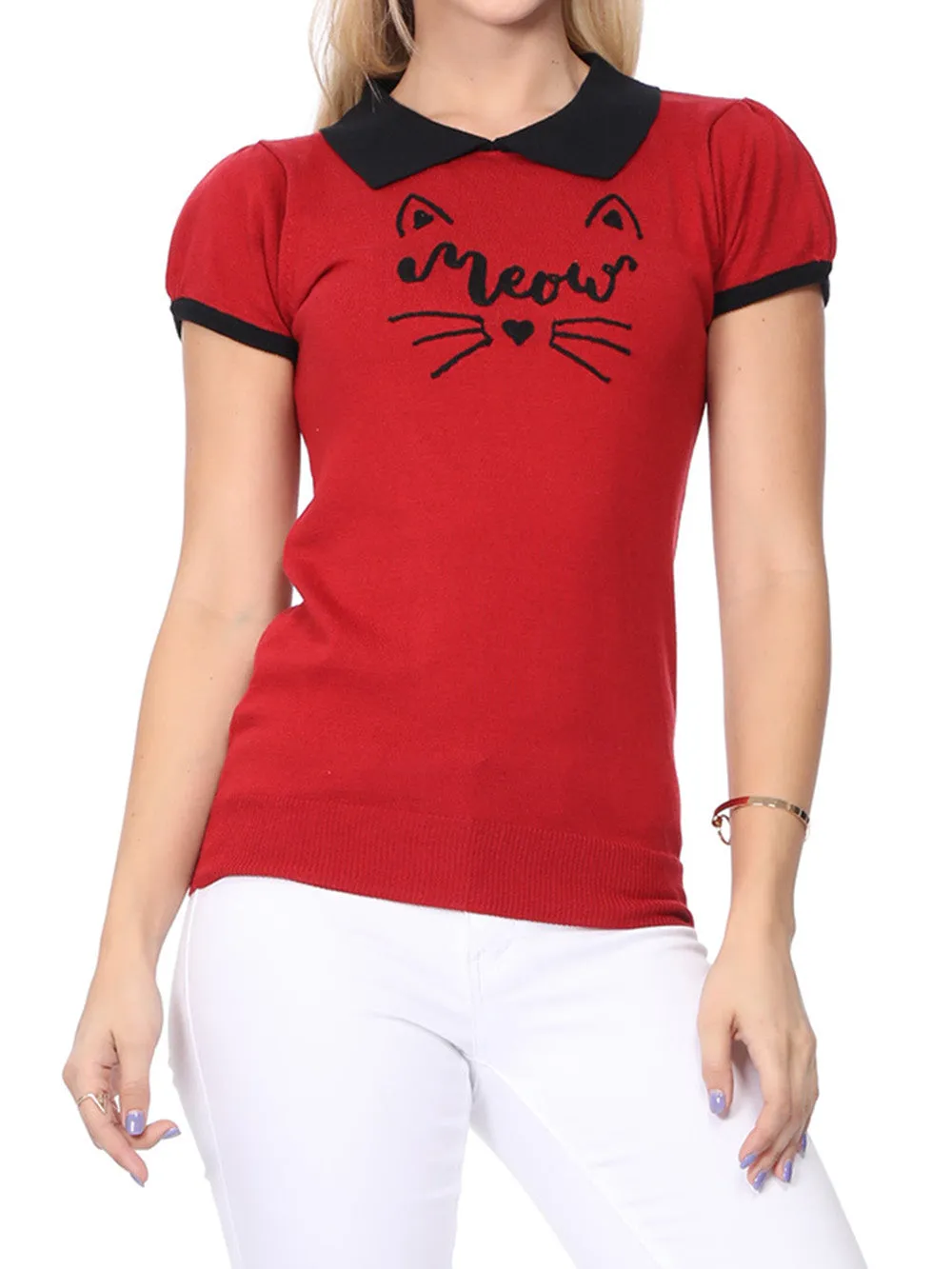 YEMAK Women's Meow Cat Classic Contrast Collar Short Sleeve Casual Pullover Sweater MK3591MEOW (S-L)