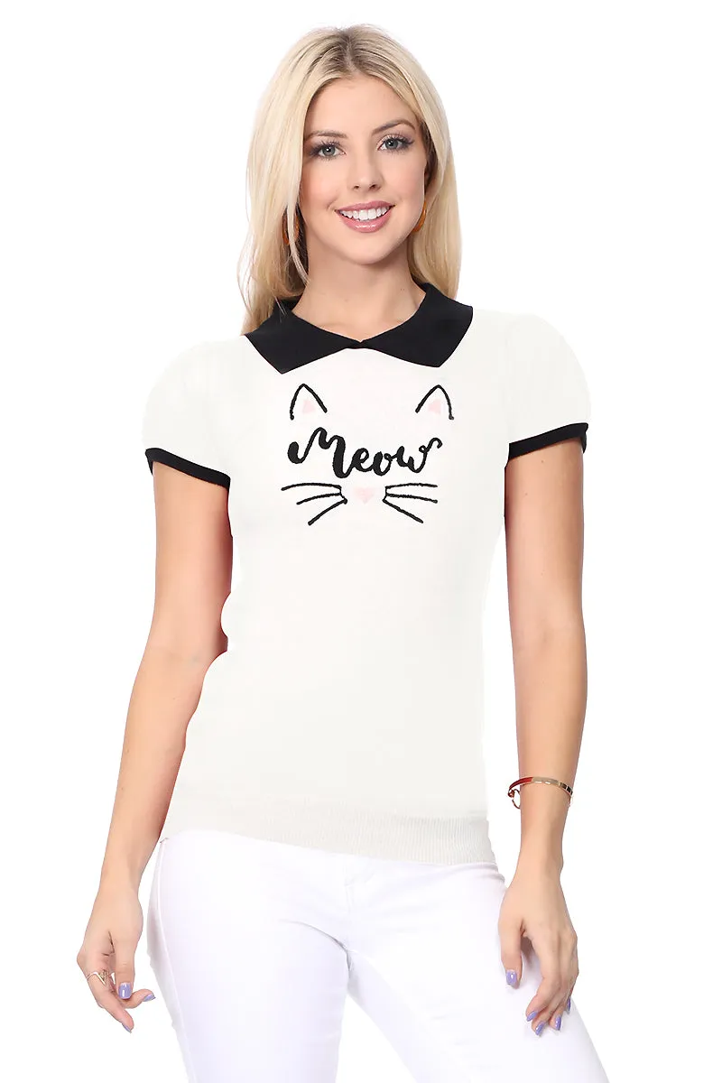 YEMAK Women's Meow Cat Classic Contrast Collar Short Sleeve Casual Pullover Sweater MK3591MEOW (S-L)