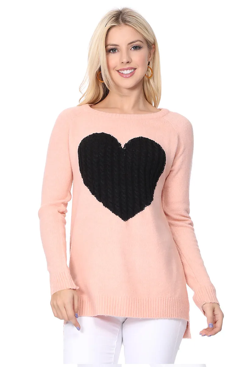 YEMAK Women's Pullover Sweater Long Sleeve Crewneck Heart Knitted Top Sweaters MK8236 (S-L)