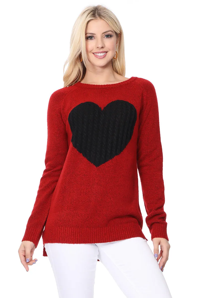 YEMAK Women's Pullover Sweater Long Sleeve Crewneck Heart Knitted Top Sweaters MK8236 (S-L)