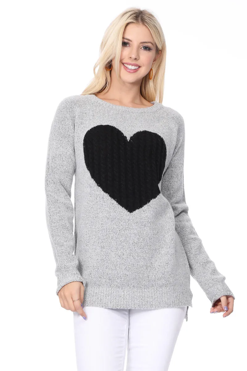 YEMAK Women's Pullover Sweater Long Sleeve Crewneck Heart Knitted Top Sweaters MK8236 (S-L)