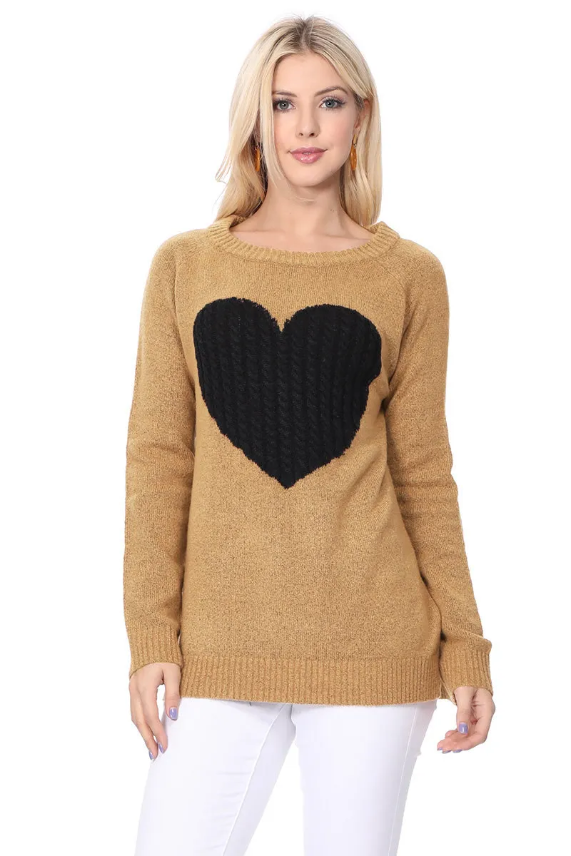 YEMAK Women's Pullover Sweater Long Sleeve Crewneck Heart Knitted Top Sweaters MK8236 (S-L)