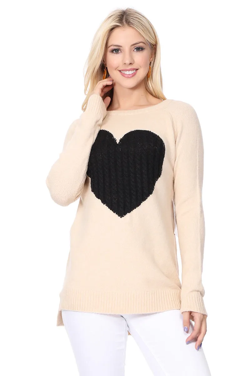 YEMAK Women's Pullover Sweater Long Sleeve Crewneck Heart Knitted Top Sweaters MK8236 (S-L)