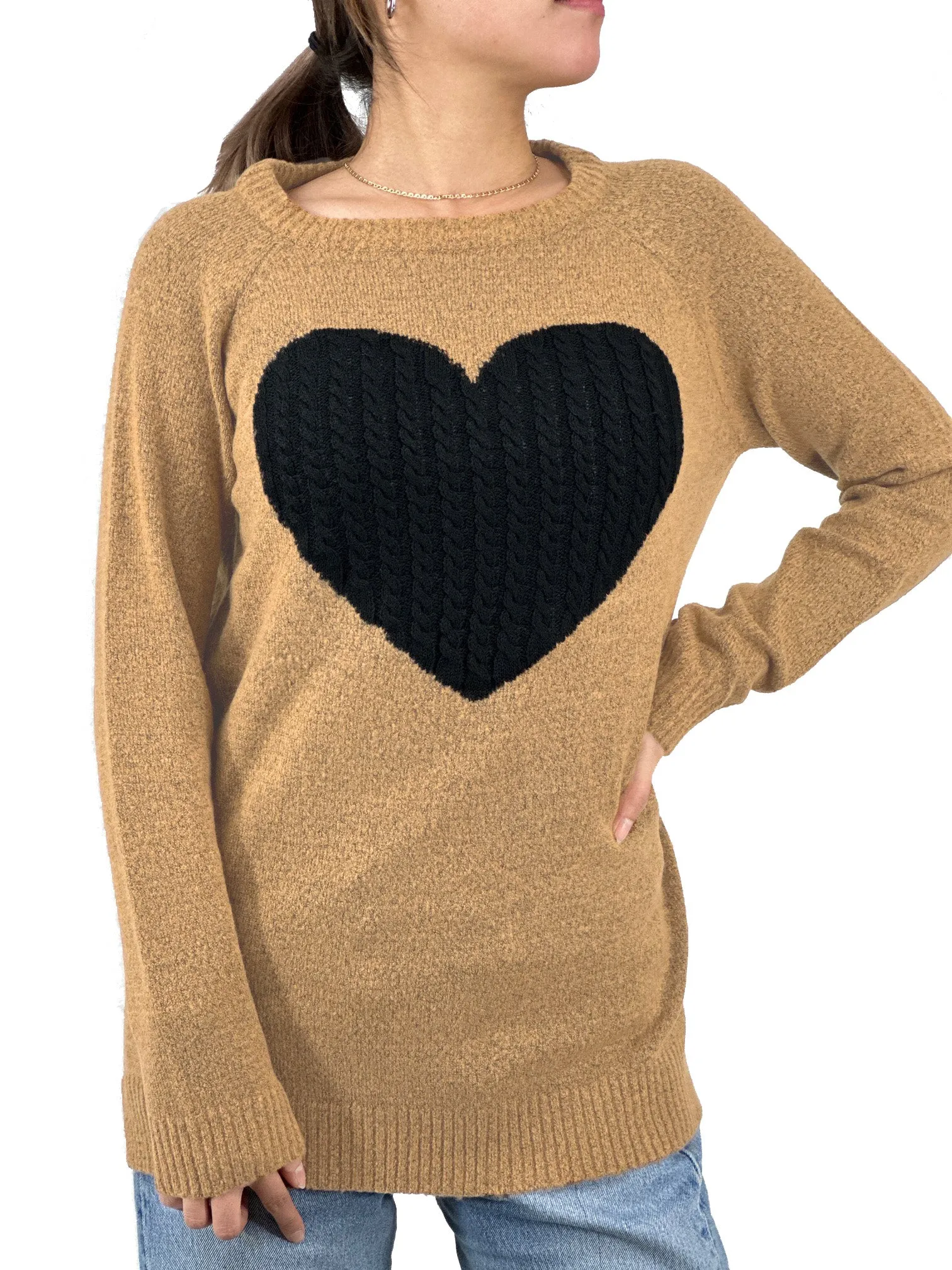 YEMAK Women's Pullover Sweater Long Sleeve Crewneck Heart Knitted Top Sweaters MK8236 (S-L)