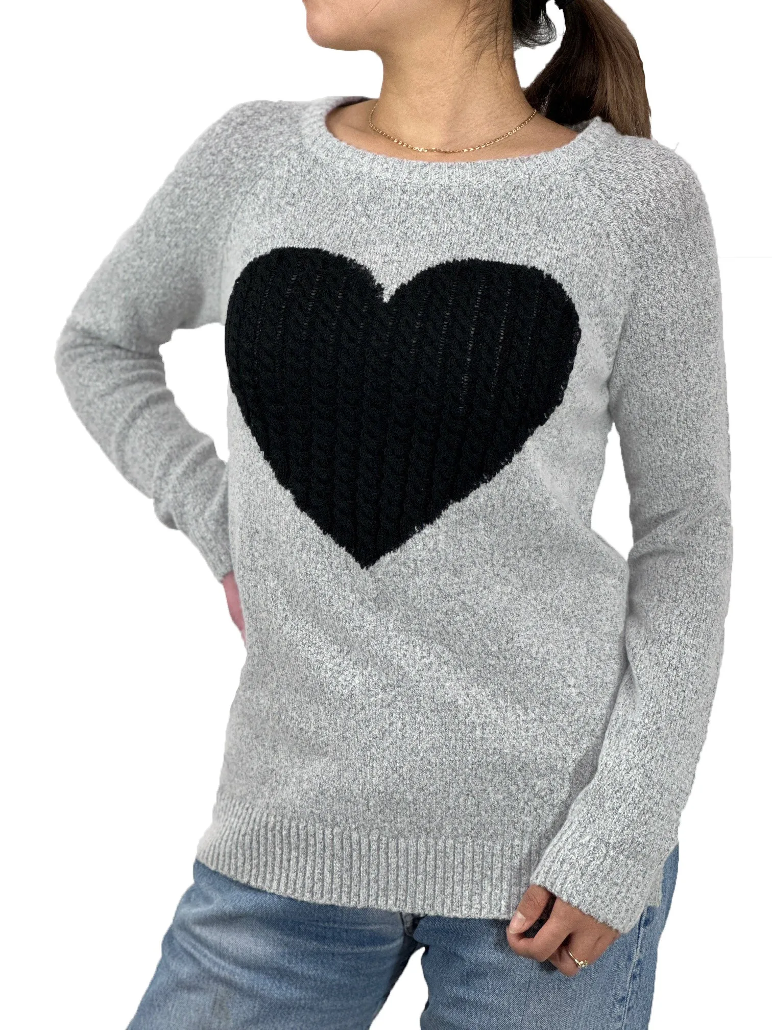 YEMAK Women's Pullover Sweater Long Sleeve Crewneck Heart Knitted Top Sweaters MK8236 (S-L)