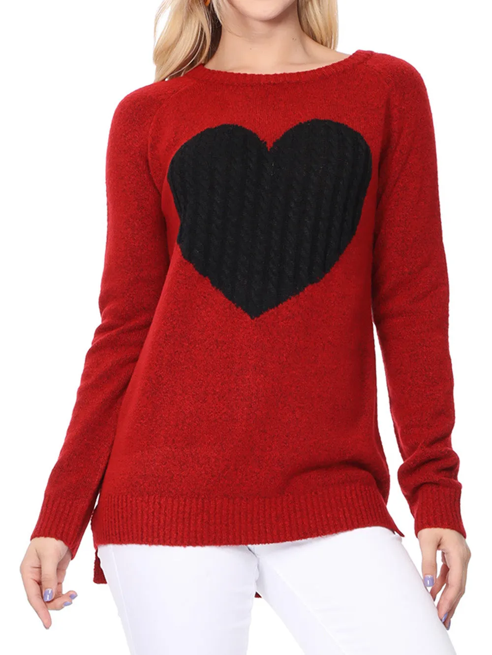 YEMAK Women's Pullover Sweater Long Sleeve Crewneck Heart Knitted Top Sweaters MK8236 (S-L)